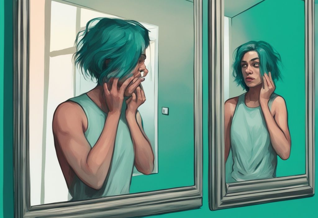 Modern digital painting in teal showing a narcissistic character anxiously looking into a mirror, symbolizing why the narcissist worries after discarding you, with a faded image of a discarded person in the background.