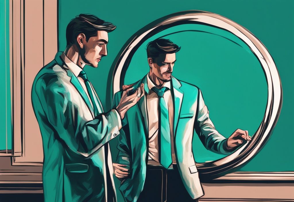 Modern digital painting of a man smirking in the shadows, watching a mirror reflecting intertwined wedding rings; why a narcissist won't divorce you theme in teal.