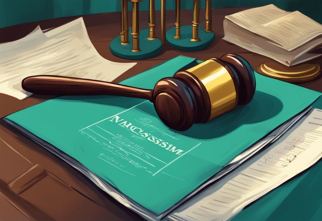 Modern digital painting of a gavel striking a court document labeled "narcissism," symbolizing a successful legal outcome, teal color theme.