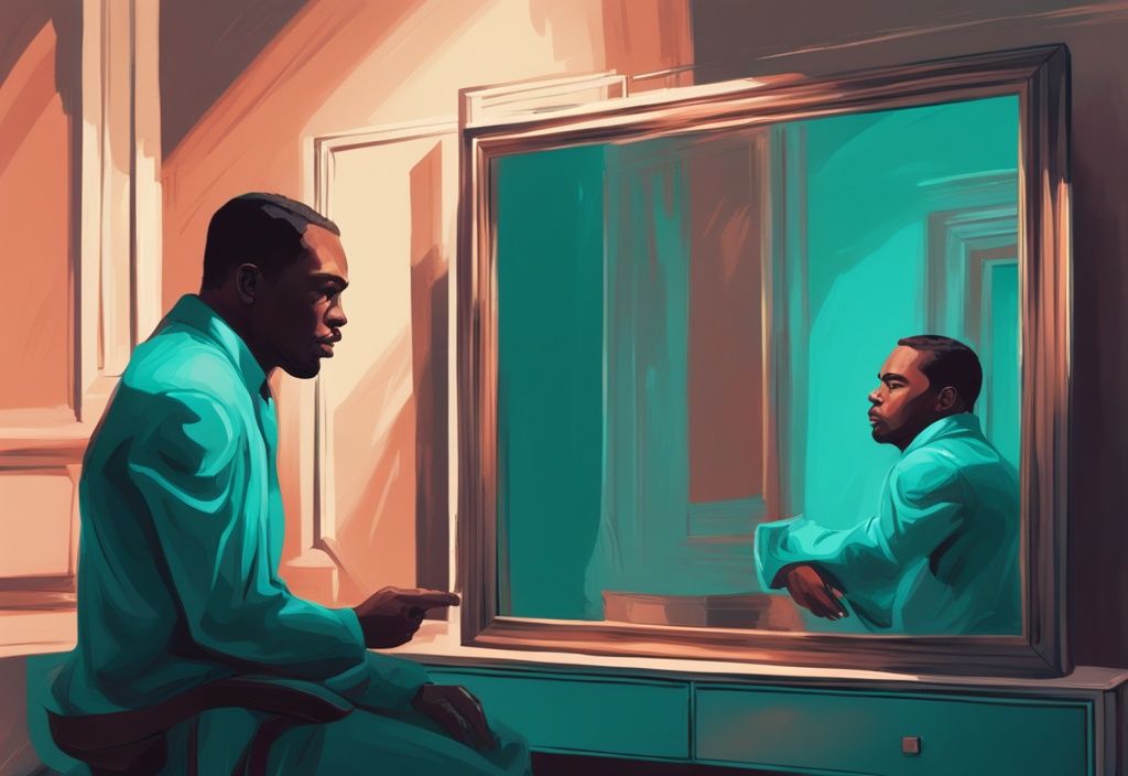 Modern digital painting of a man in teal theme staring intently into a mirror with a dramatic reflection.