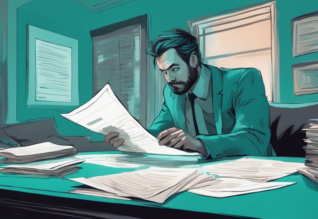 Teal-themed digital painting of a stressed individual preparing for custody mediation with a narcissist, legal documents on table, smug character reflected in mirror.