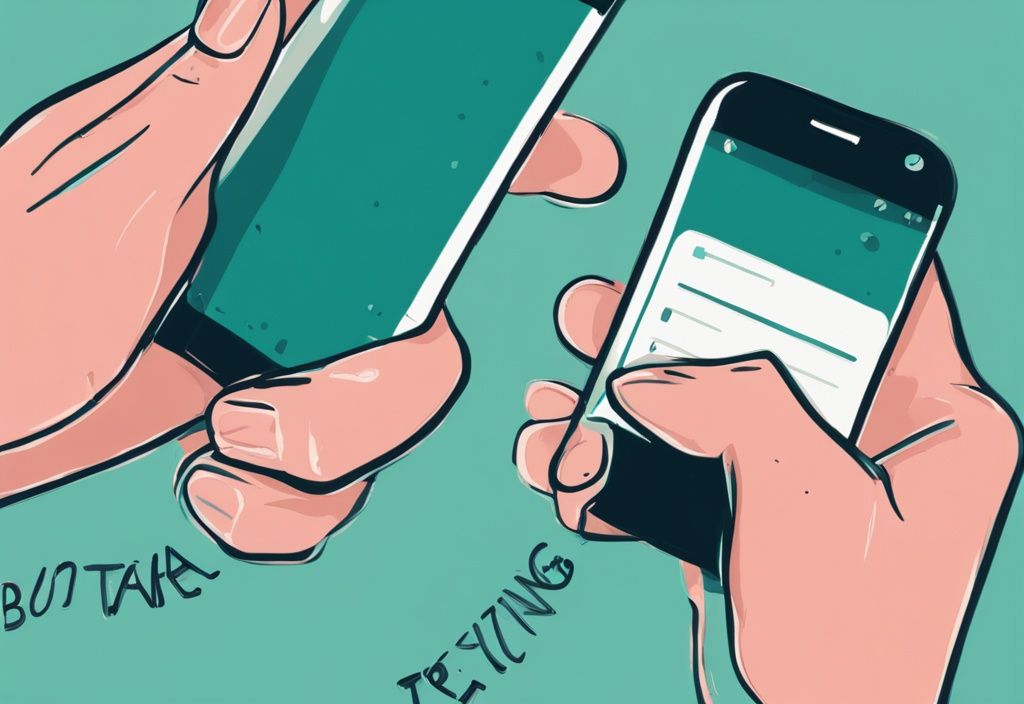 Modern digital painting of hands holding a phone with dull text conversation, symbolizing dry texting, teal color theme