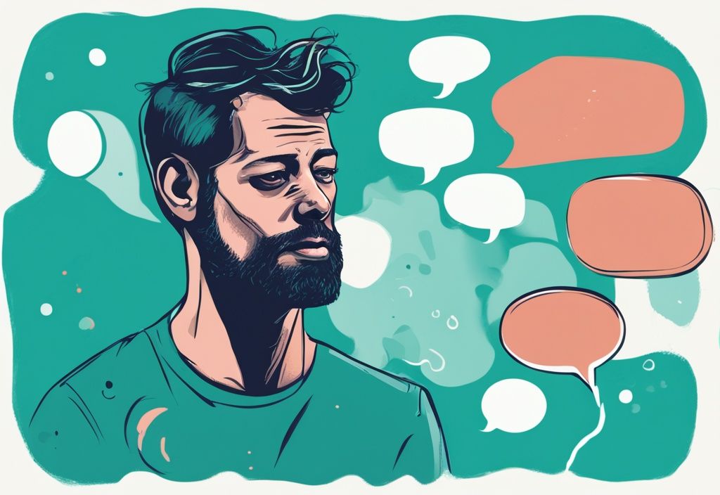 Modern digital painting of a man speaking with chat bubbles containing self-centered and manipulative phrases, illustrating things narcissistic fathers say, in a teal color theme.