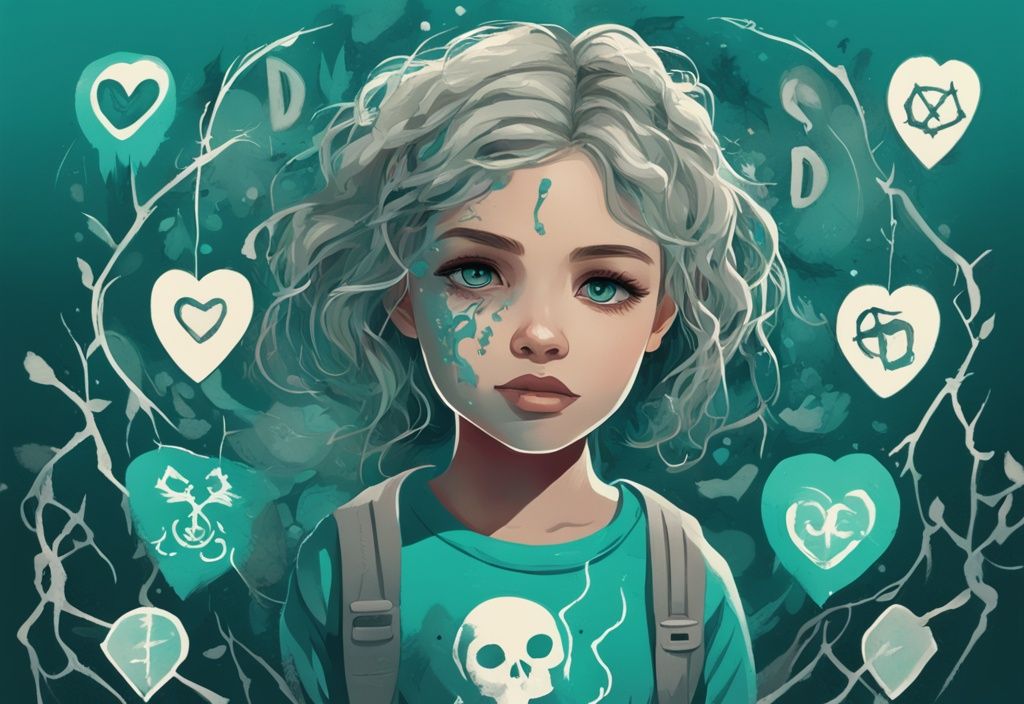 Modern digital painting of a young girl isolated from a happy family, surrounded by storm cloud, thorny vines, and cracked heart, emphasizing toxic daughter signs, teal color theme.