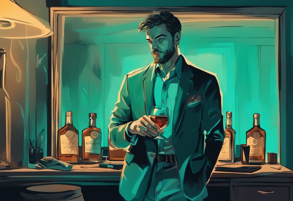 Modern digital painting of an alcoholic narcissist holding a whiskey glass, reflected in a mirror, with a chaotic room in dim light behind him.