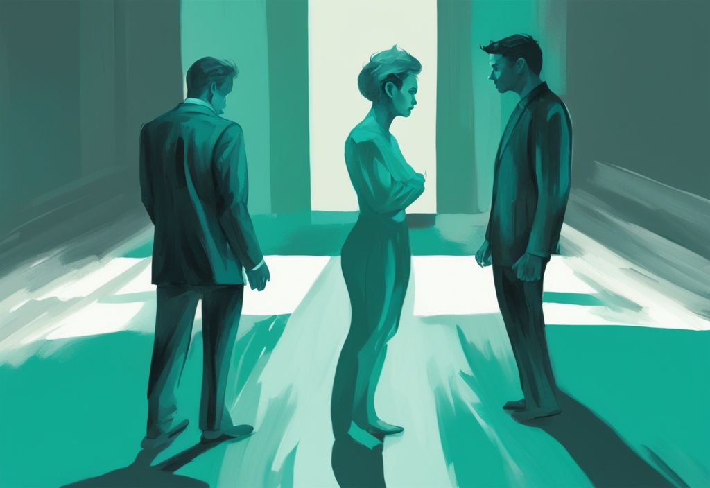 Modern digital painting of narcissistic abuse examples: a person overshadowed by a larger domineering figure in teal color theme.