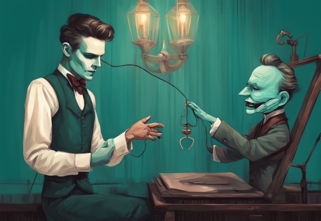 Modern digital painting of a puppet master manipulating a vanity-themed marionette, symbolizing narcissist control, teal color theme