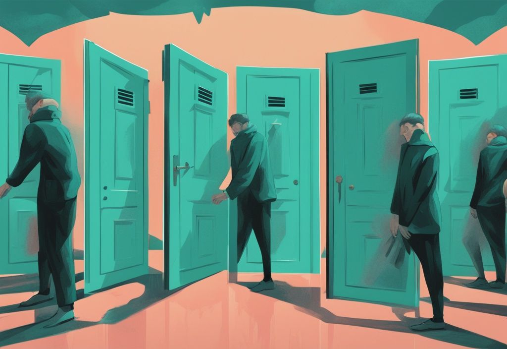 Modern digital painting in teal depicting a person facing nine doors representing signs a narcissist will come back: Hoovering, Guilt-tripping, Idealization, Future faking, Triangulation, Love bombing, Jealousy tactics, Reactive abuse, Hoover attempts.