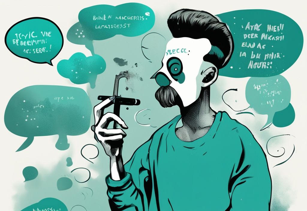 Modern digital painting of a grim caricature with speech bubbles containing toxic narcissist quotes in teal theme.