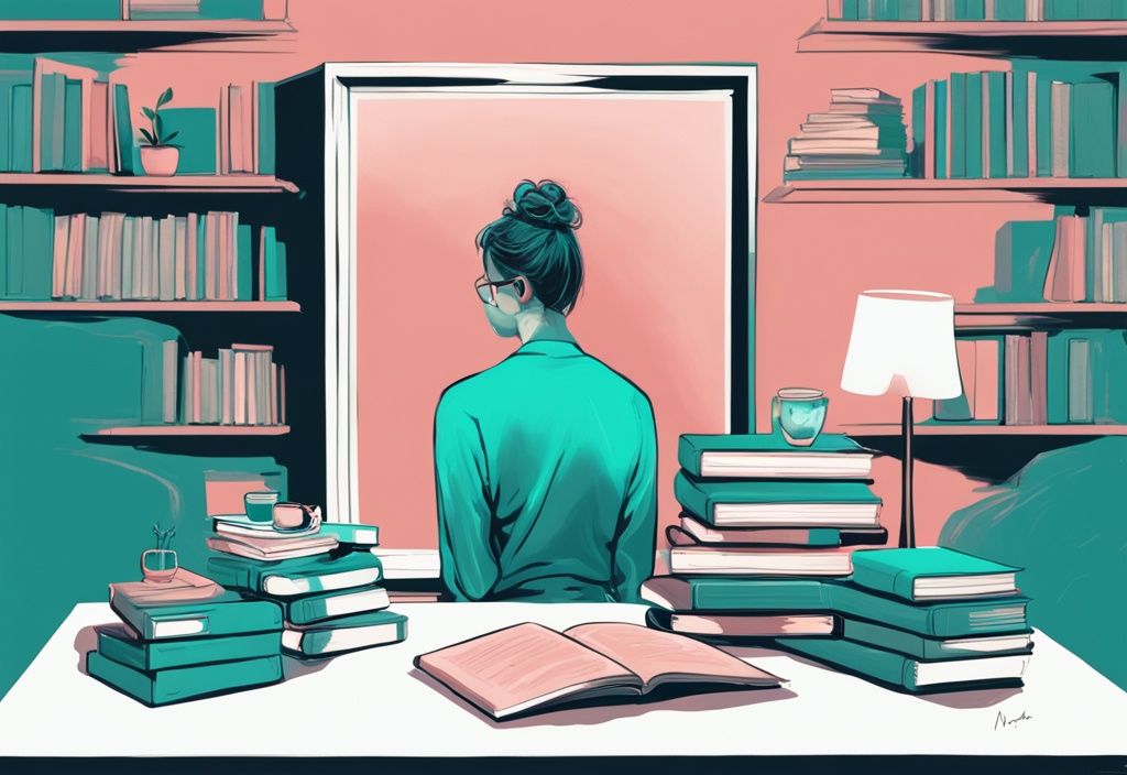 Teal-themed digital painting of a confident person admiring their reflection with self-help and psychology books on a table, suggesting narcissism.