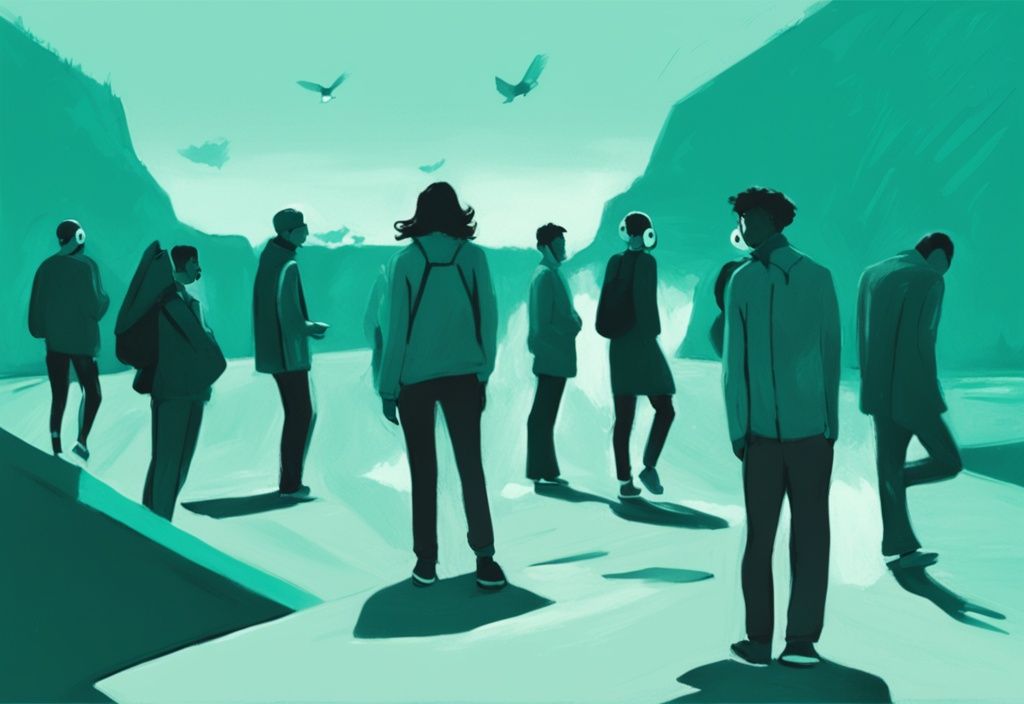 Teal-themed digital painting illustrating signs a narcissist is done with you; single figure walking away from a group, conveying detachment, others showing disinterest and withdrawal, including blank stares, ignored communication, and a lone figure in a quiet landscape.