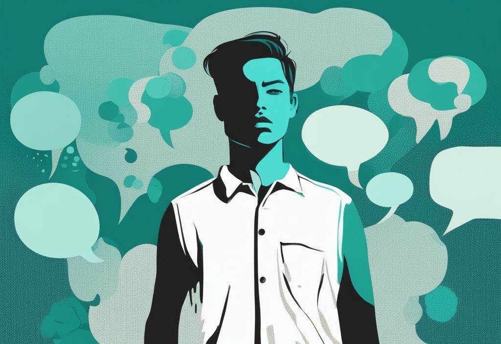 Modern digital painting of a person standing confidently with empowering speech bubbles, silhouette of a narcissist observing, illustrating how to make a narcissist respect you.