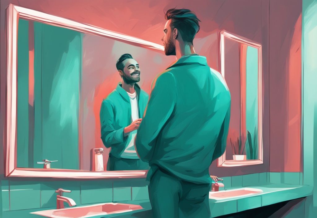 Modern digital painting of a man with a satisfied smile admiring his reflection in a mirror, teal color theme