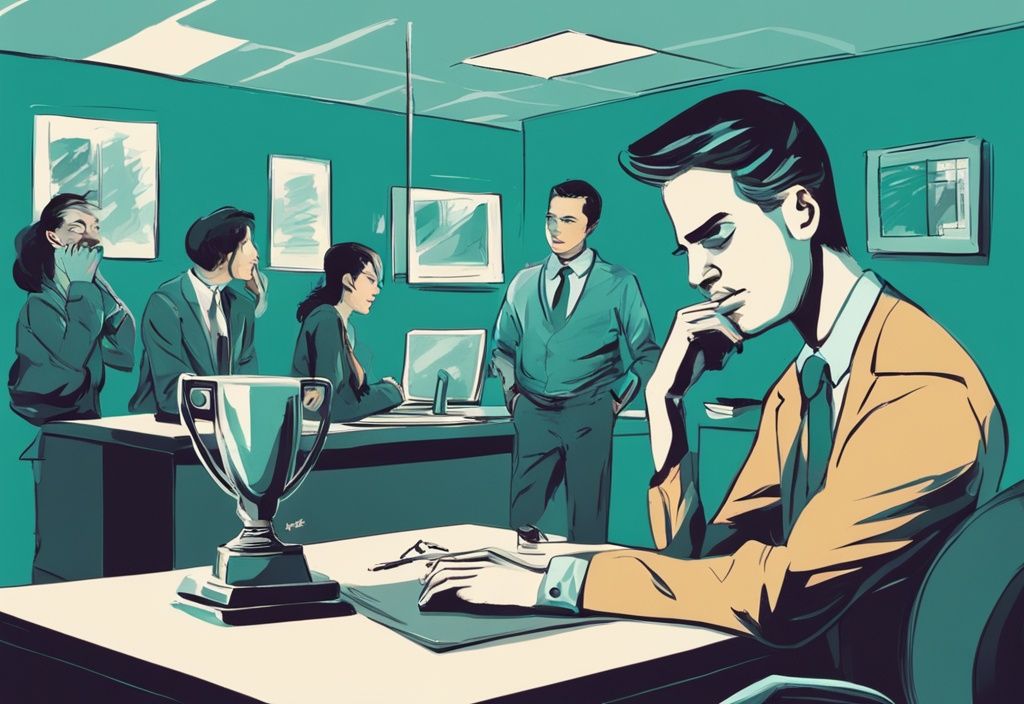 Teal-themed digital painting of an office scene with an employee admiring their reflection in a trophy while ignoring collaborative group work in the background.