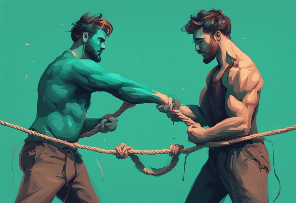 Modern digital painting of a teal-themed tug of war between a confident individual and a flustered, crowned narcissist.