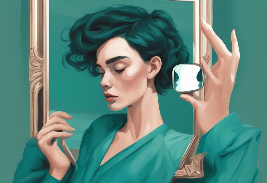 Modern digital painting of a person holding a mirror reflecting a diminishing figure, symbolizing how to take control away from a narcissist, with a teal color theme.