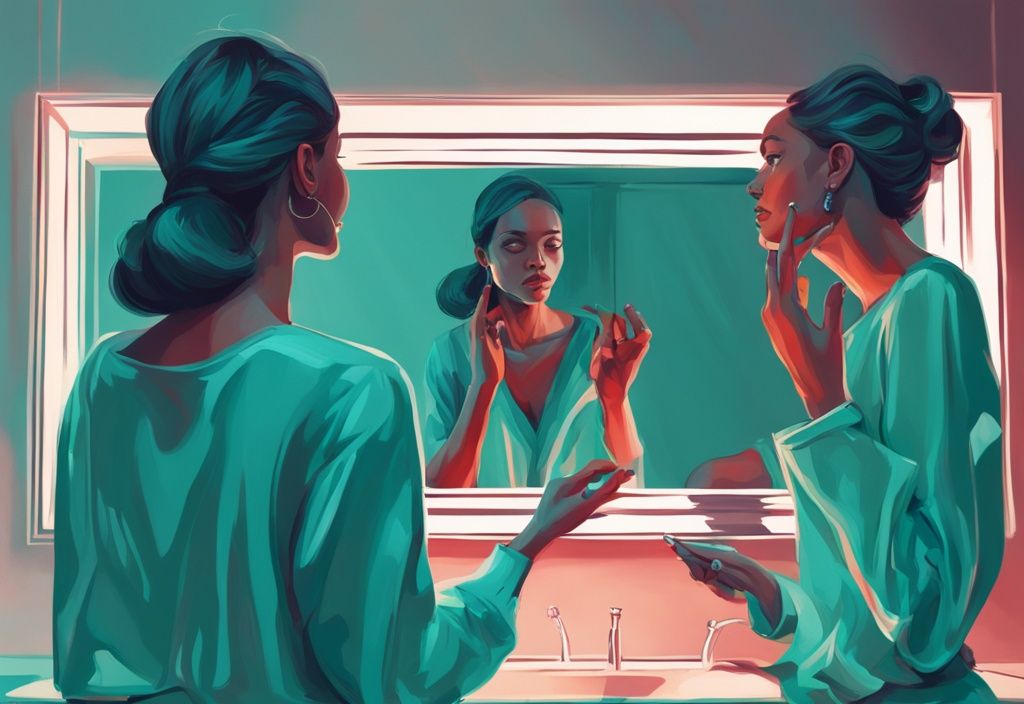 Modern digital painting of a person experiencing narcissistic mirroring with their exaggerated reflection in a teal-themed mirror.