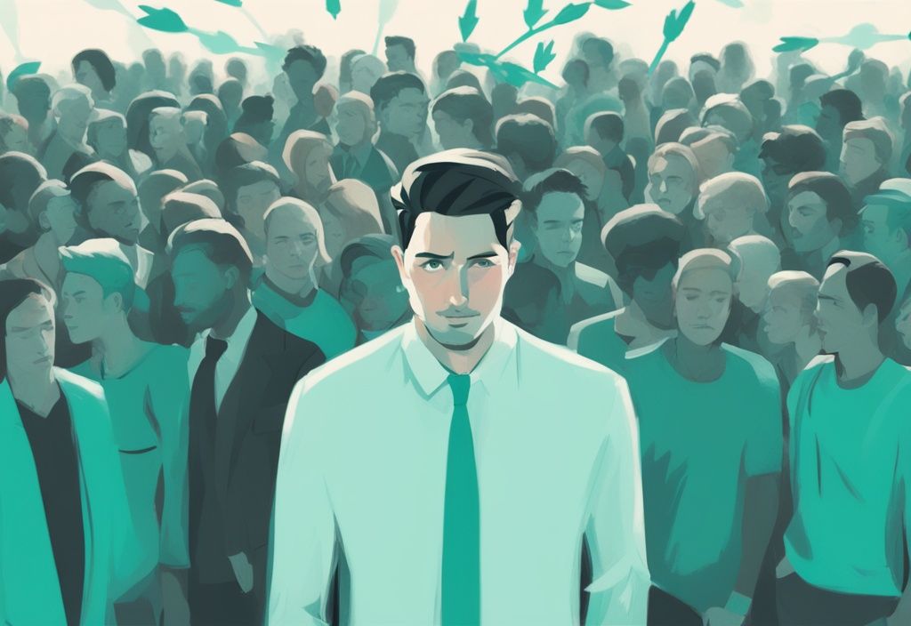 Confident man in teal-themed digital painting with blurred crowd and arrows pointing towards him