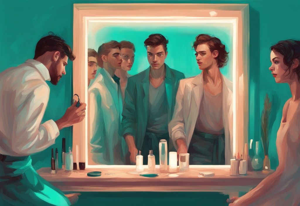 Modern digital painting of a narcissist in a teal-themed mirror reflection, surrounded by intrigued diverse people.