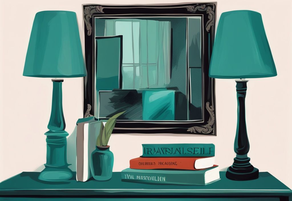 Modern digital painting of a stack of well-worn fiction books about narcissism, with a teal color theme and a mirror reflection symbolizing self-absorption.