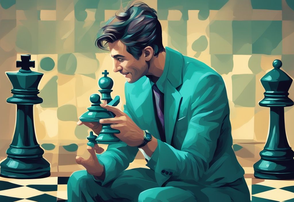 Teal-themed digital painting of a smiling man holding a king chess piece, depicting manipulative and egoistic traits.