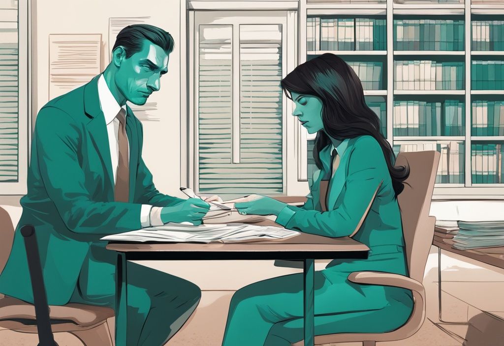 Teal-themed digital painting of a woman calmly reviewing legal documents at a desk while an agitated man argues in the background, symbolizing a narcissist.