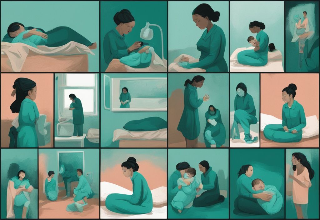 Modern digital painting illustrating eight scenes of maternal toxicity in teal, including emotional neglect and overbearing control.