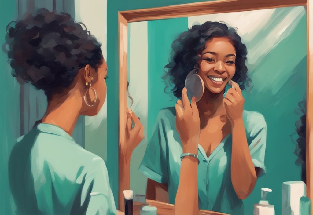 Teal-themed digital painting of a young woman admiring herself in a mirror with an annoyed sister in the background