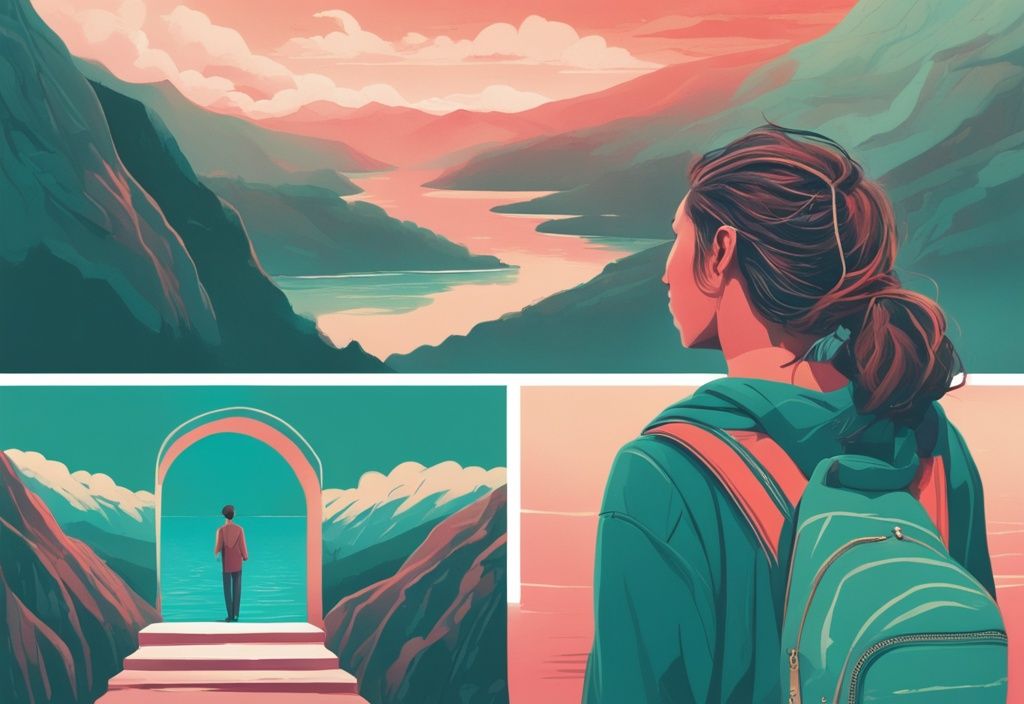 Modern digital painting with teal theme: open gateway symbolizing personal boundaries, individual on mountain top for high self-esteem, person looking in mirror for self-awareness, serene face amidst chaos for emotional regulation, solo traveler with backpack for independence, handshake for trustworthiness, person on stage for confidence, self-hug for self-love, peaceful nature scene with river for peace, person breaking chains for empowerment.