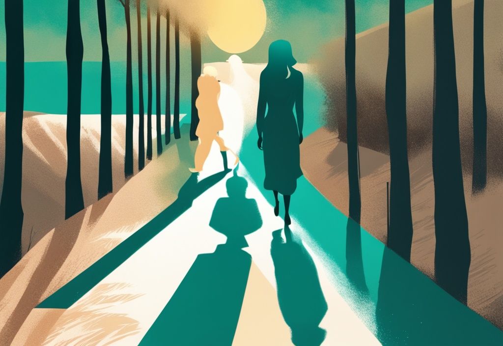 Digital painting of a young woman stepping from her mother's silhouette onto a sunlit path, with a teal color theme.