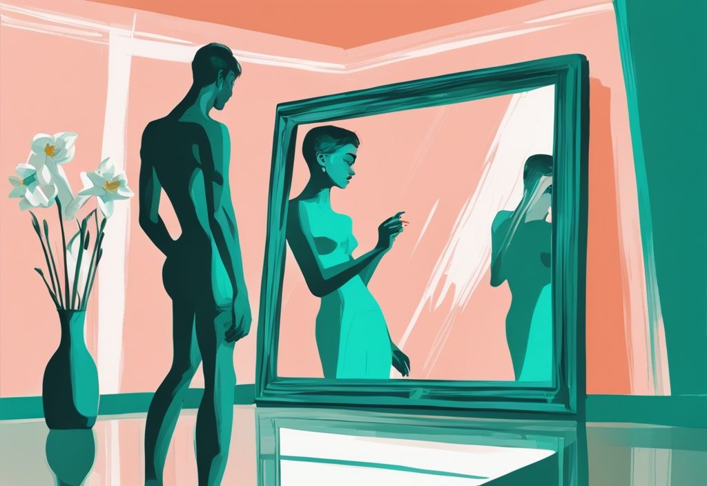 Modern digital painting of a woman questioning herself in a mirror with male figure casting narcissus flower shadow, teal color theme