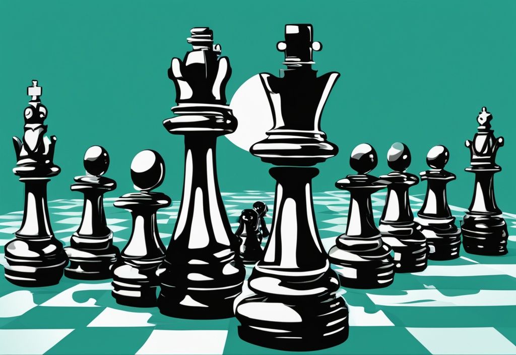 Modern digital painting of teal-themed chess pieces controlled by puppet strings, set against 14 signposts highlighting narcissist mind game traits.