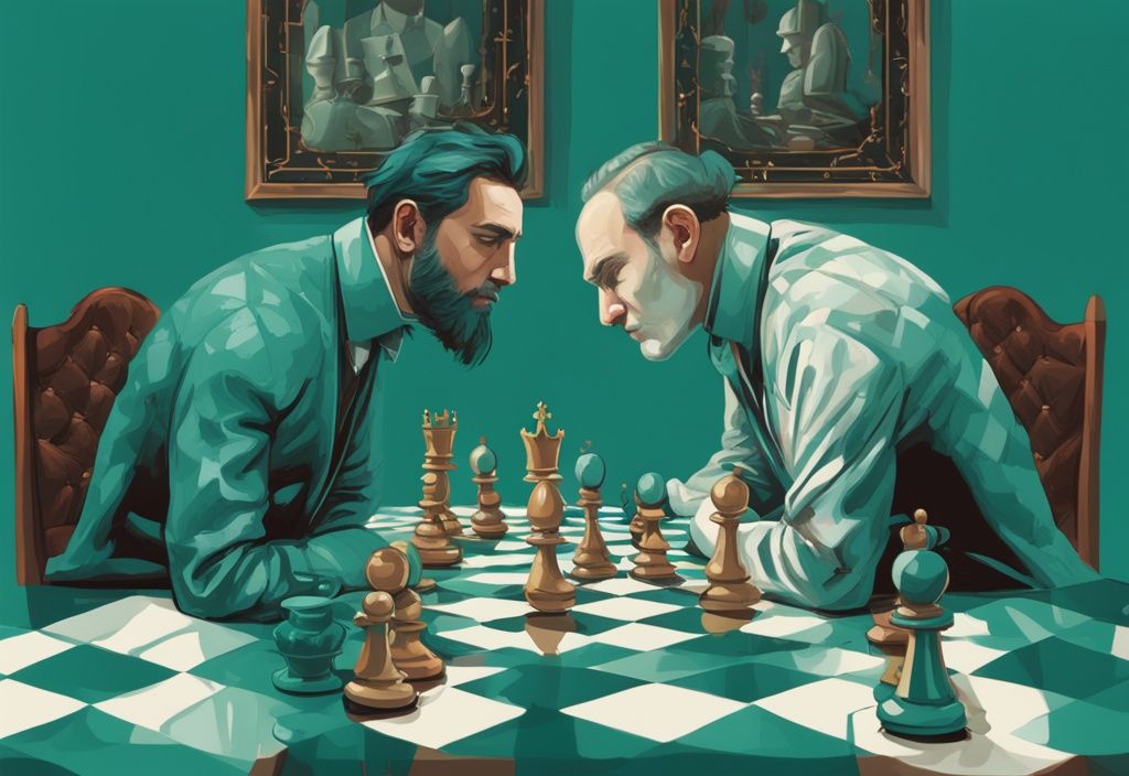 Modern teal digital painting of a chessboard with a mirror-faced king in check by ordinary pieces, illustrating how to outsmart a narcissist.