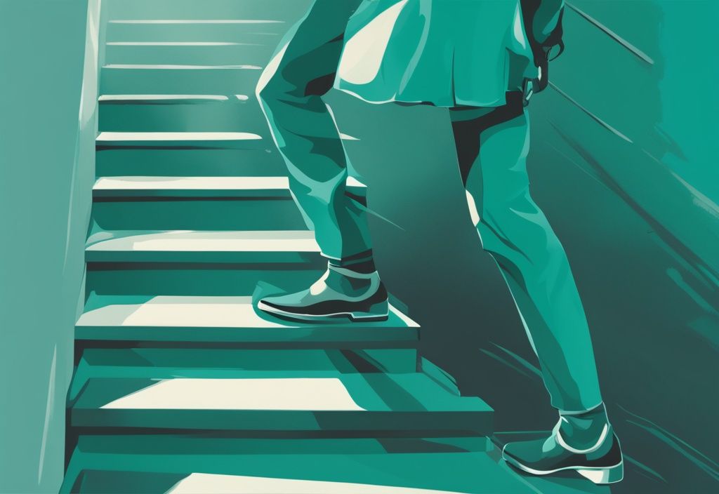 Modern digital painting illustration of a person ascending four steps, representing the 4 key stages of healing after narcissistic abuse: despair, understanding, growth, and liberation, with a teal color theme.