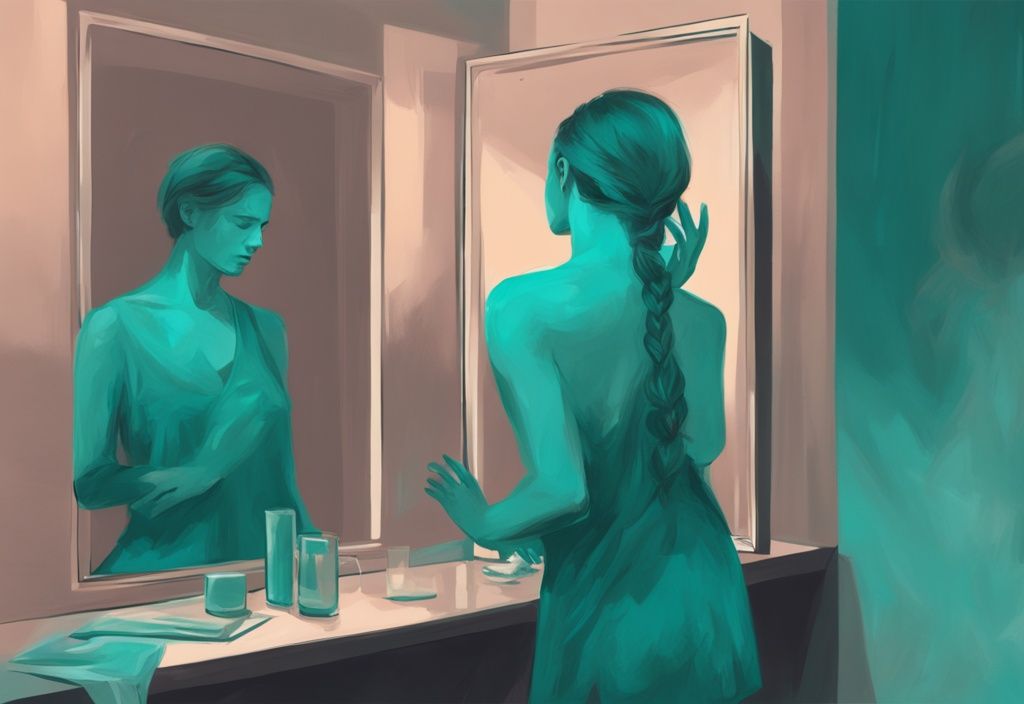 Modern digital painting of a figure seeing a smaller, faded reflection in a mirror, symbolizing the question: do narcissists come back after discard? Main color theme: teal.