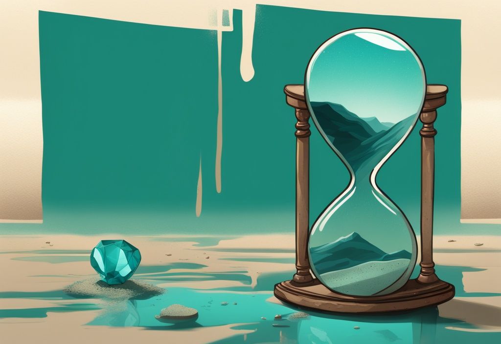 Teal-themed digital painting of a broken antique mirror reflecting an hourglass, symbolizing the end of narcissistic behavior, related to how long does narcissistic collapse last.