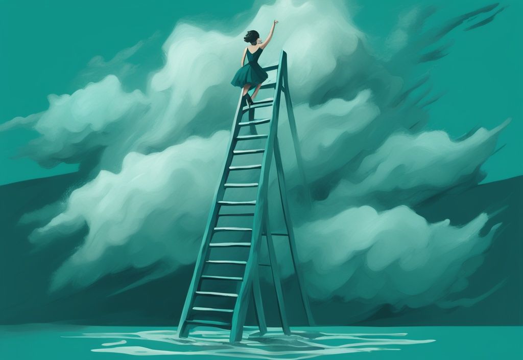 Teal-themed digital painting of a woman climbing a ladder through stormy clouds, symbolizing the phases of divorcing a narcissist.