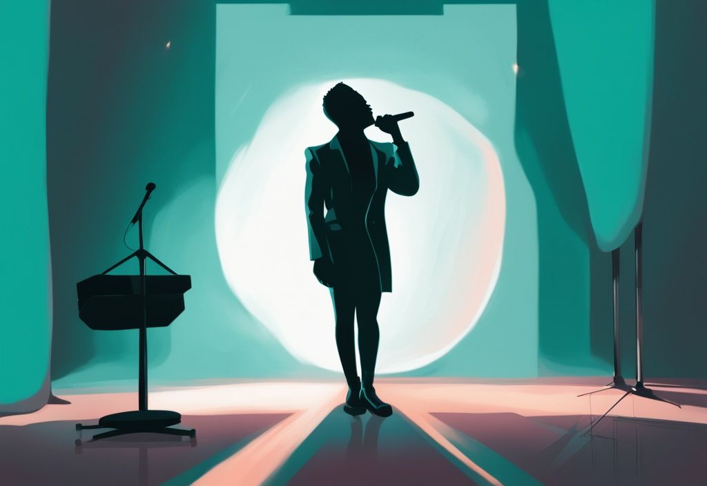 Teal modern digital painting of a person singing on stage with a spotlight revealing a narcissistic reflection in a mirror, illustrating themes from songs about loving a narcissist.