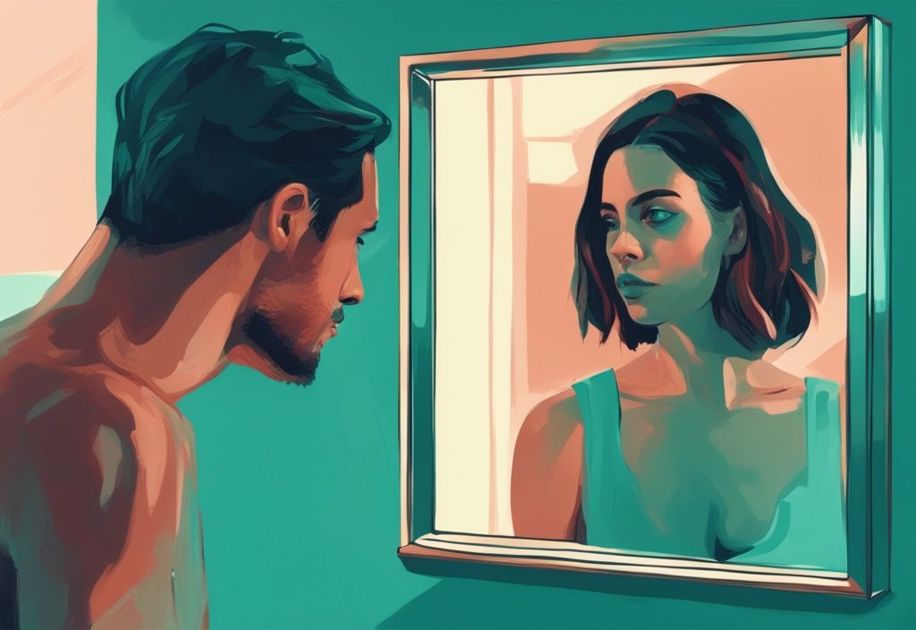 Modern digital painting: man engrossed by his reflection in mirror, woman concerned, teal color theme