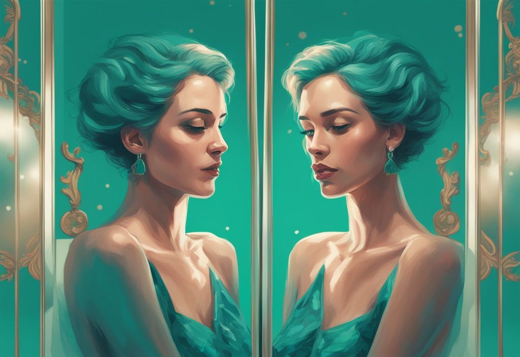 Modern digital painting illustrating "can a narcissist be faithful" theme, split screen showing a glamorous individual looking into a mirror on one side and the same individual in a loving interaction with their partner on the other side, main color theme teal.