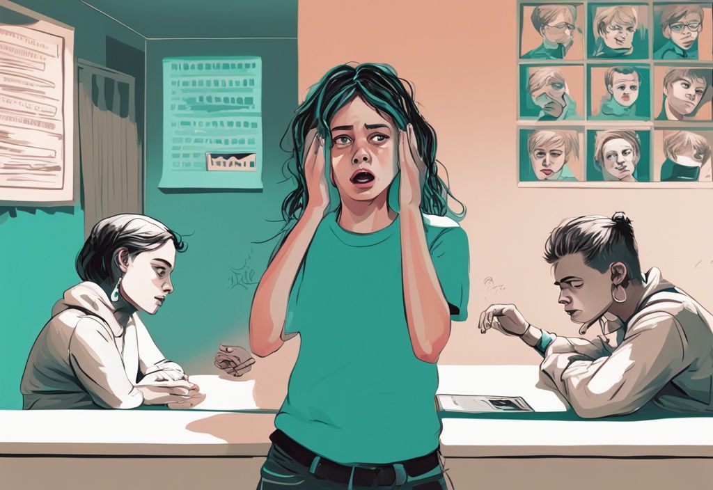 Modern digital painting illustrating toxic daughter signs with teal theme, featuring exaggerated eye rolls, constant arguments, and a disinterested teenager showing disrespect towards parents.