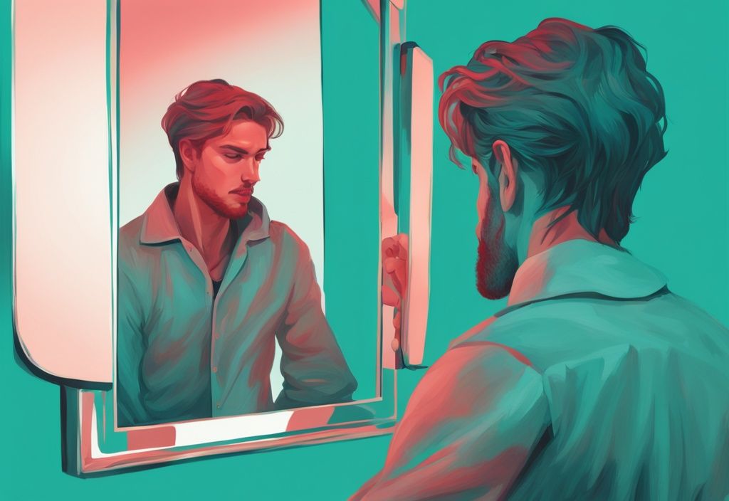 Modern digital painting in teal of a narcissist shocked at his fading reflection, depicting what happens when you ignore a narcissist.