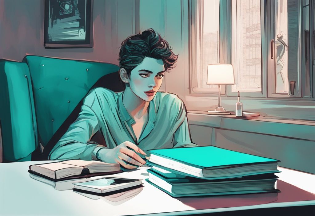 Modern digital painting of novels with narcissistic characters on a teal-themed table, central book reflecting a smug face.