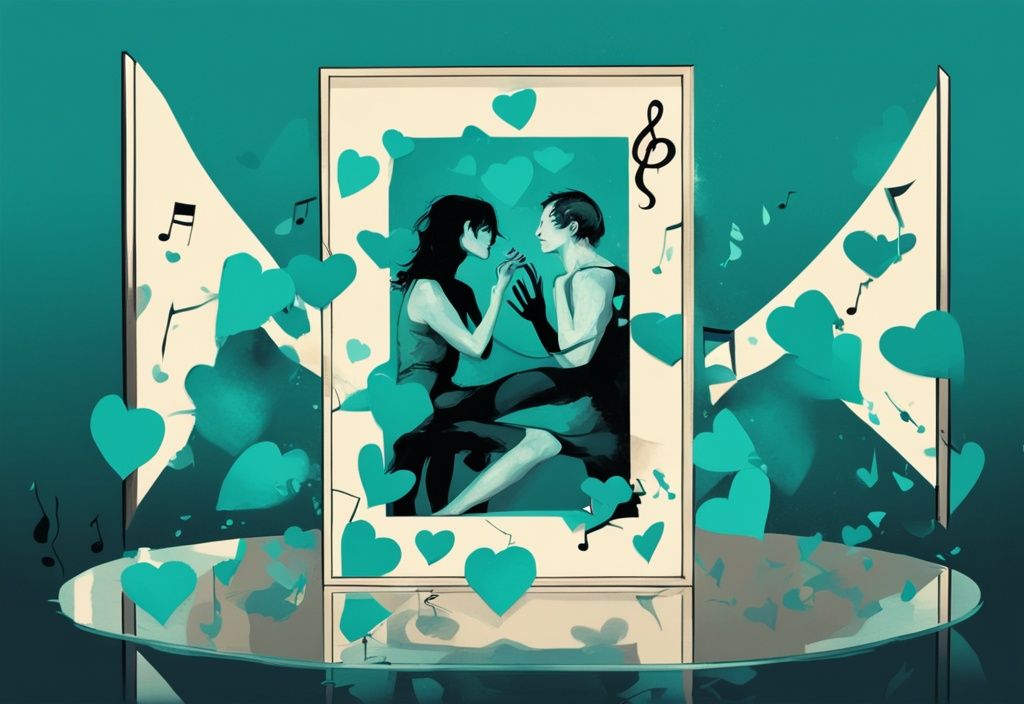 Modern digital painting of a broken heart in a mirror with teal theme, surrounded by musical notes and dancing silhouettes.