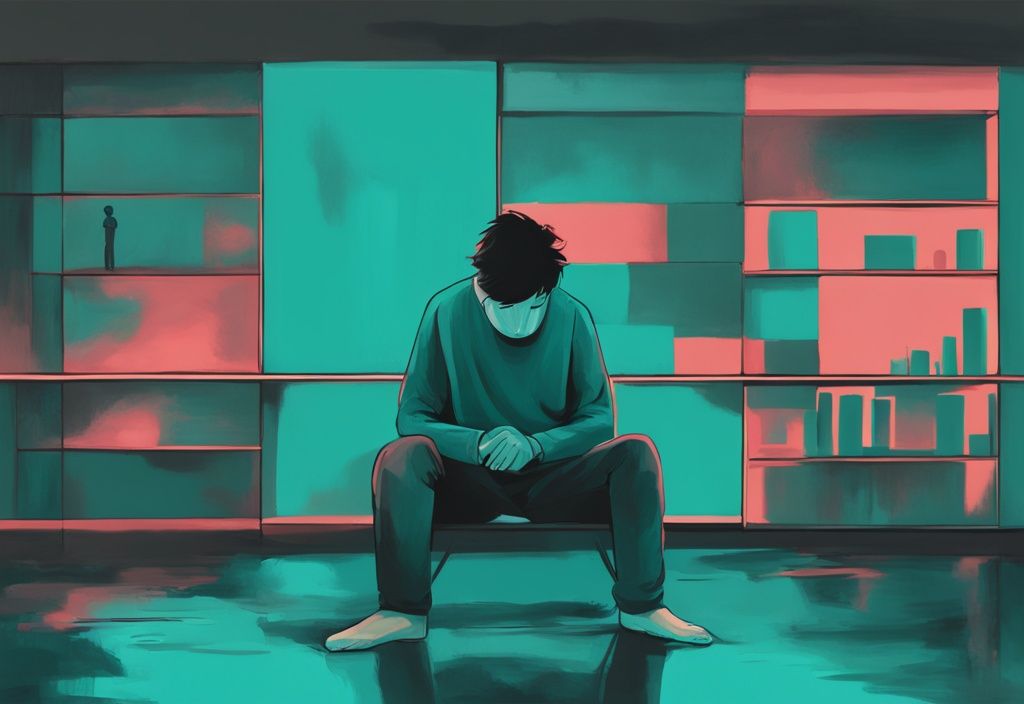 Modern digital painting illustrating stages of guilt after cheating: remorse, anxiety, denial, depression, acceptance, in teal color theme.