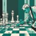 Teal-themed digital painting of a chessboard with a mirror-faced king in check, illustrating how to outsmart a narcissist.