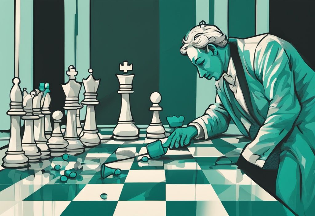 Teal-themed digital painting of a chessboard with a mirror-faced king in check, illustrating how to outsmart a narcissist.