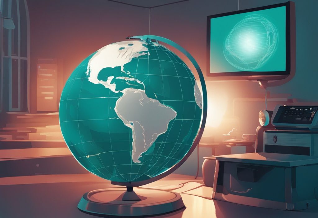 Modern digital painting of a teal-themed globe illuminated by a digital projector, symbolizing worldwide data projection when a narcissist calls you a narcissist.