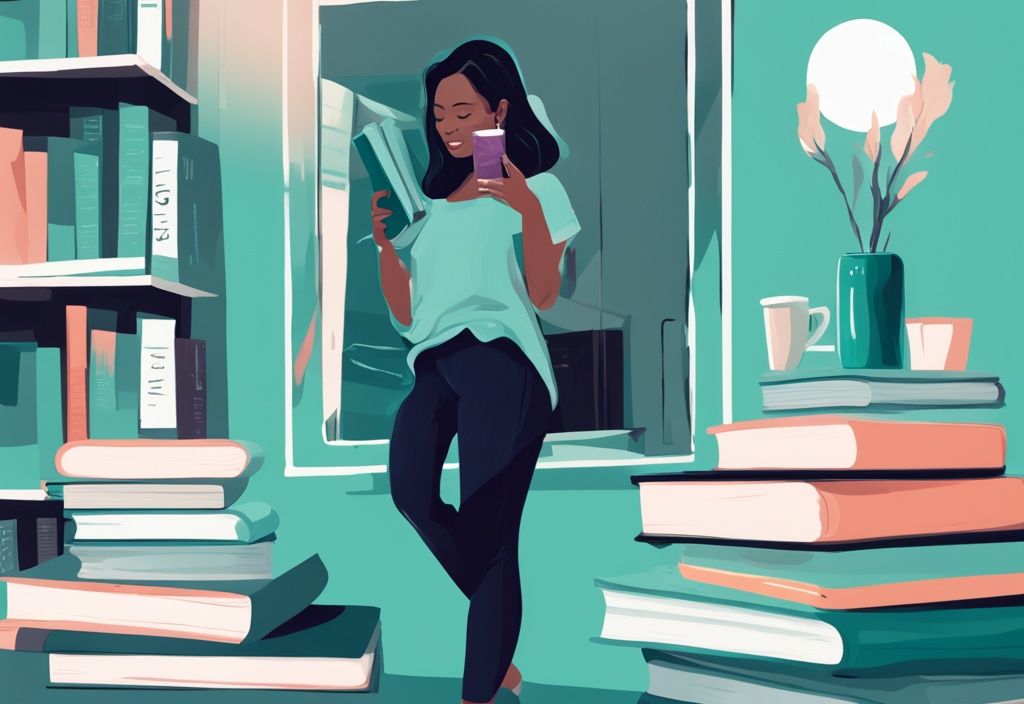 Modern digital painting of teal-themed stack of books for narcissists reflecting self-improvement and self-love with a confident person admiring themselves in a mirror.