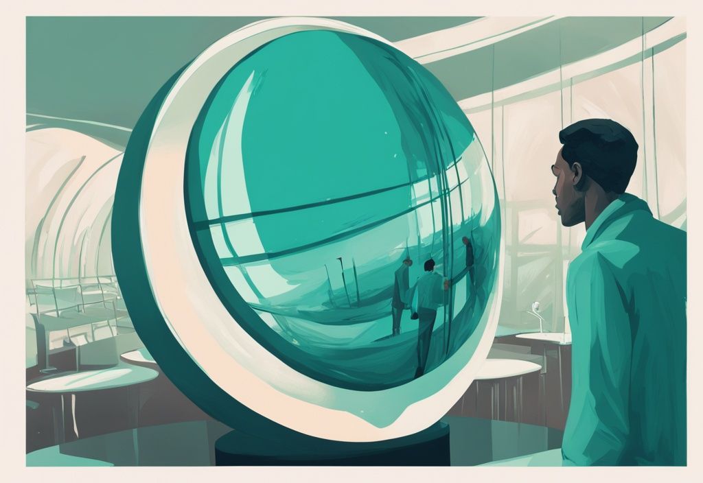 Modern digital painting of a person on a globe, staring at their reflection in a mirror, illustrating the difference between narcissist and selfish, with a teal color theme.